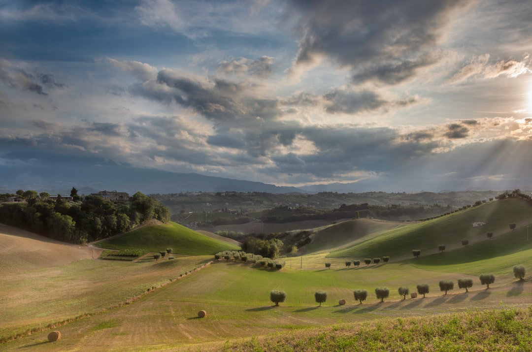 Medieval hilltop town and countryside view in central Marche