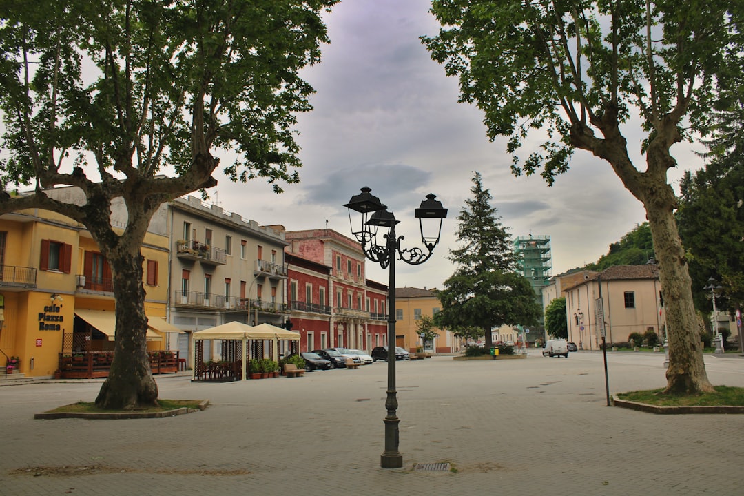 view from a point in the town square of Bojano from which you can see the cars parked in the background and the trees an